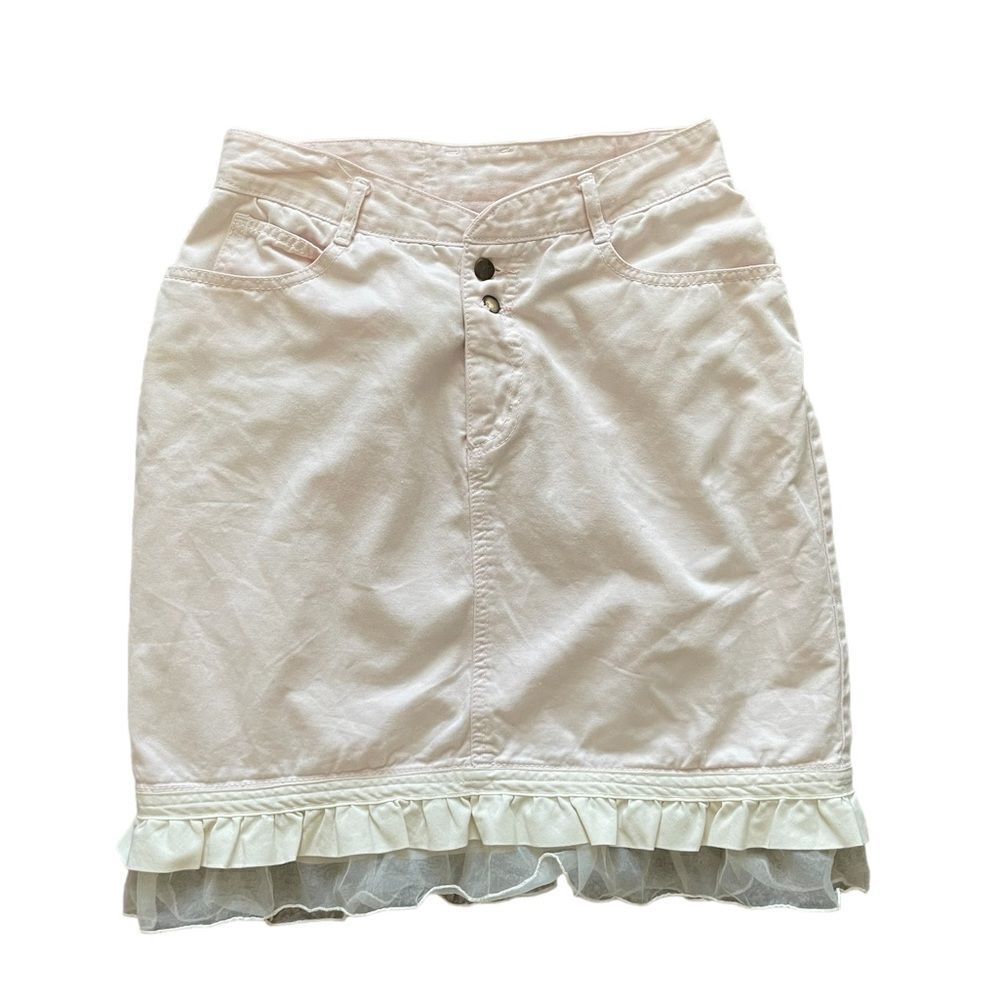 80s 90s retro pink ruffle blue‎ jean miniskirt